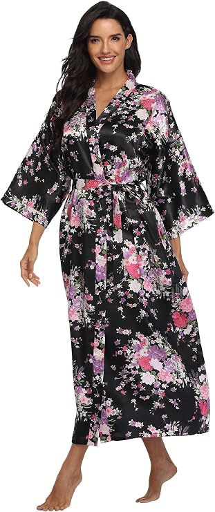 Women's Long Satin Robe Floral Lightweight Kimono