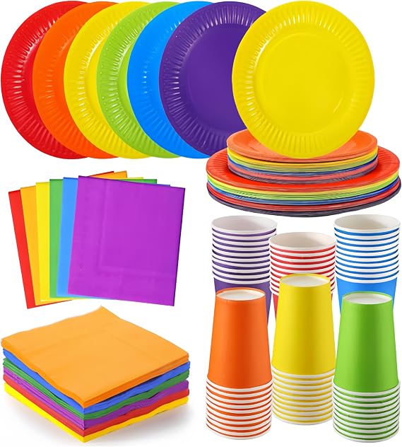 90 Pack Colourful Party Tableware Set - 30 x 7 Paper Plates, 30 Paper Cups, 30 Napkins, Multicoloured Rainbow Party Plates Cups and Napkins for Birthday Holiday Events