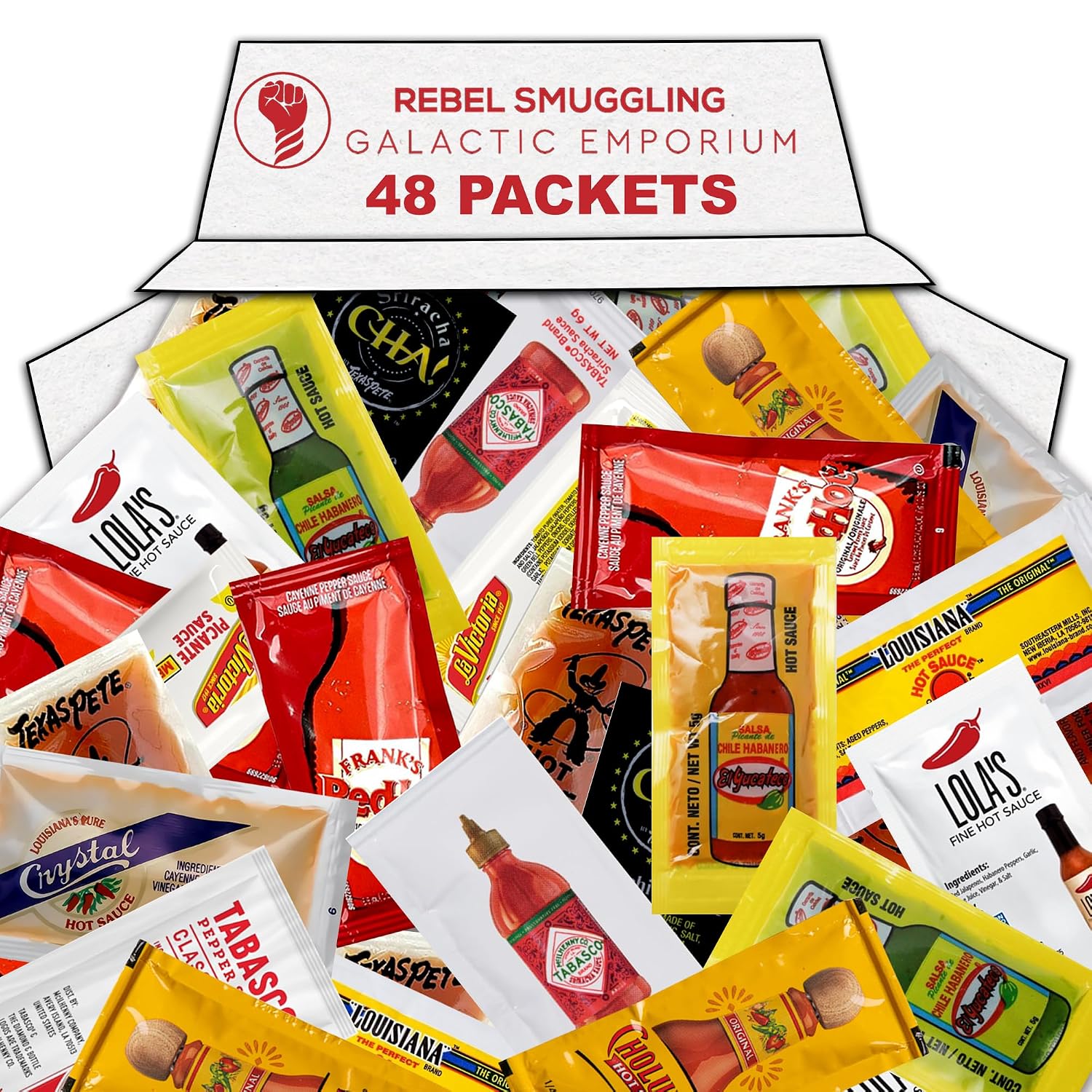 Hot Sauce Variety Pack of 48 Condiment Packets. 4 Each of 12 Flavors Care Package Gift Basket by Rebel Smuggling Galactic Emporium