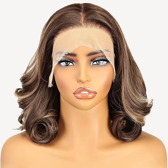 SOKU 13x6 Lace Front Wavy Wig, Short Bouncy Synthetic Wigs for Black Women 12 Inch Highlight Brown Pre Plucked Egg Curls Glueless Wigs 6x13 HD Lace Frontal 180% Density