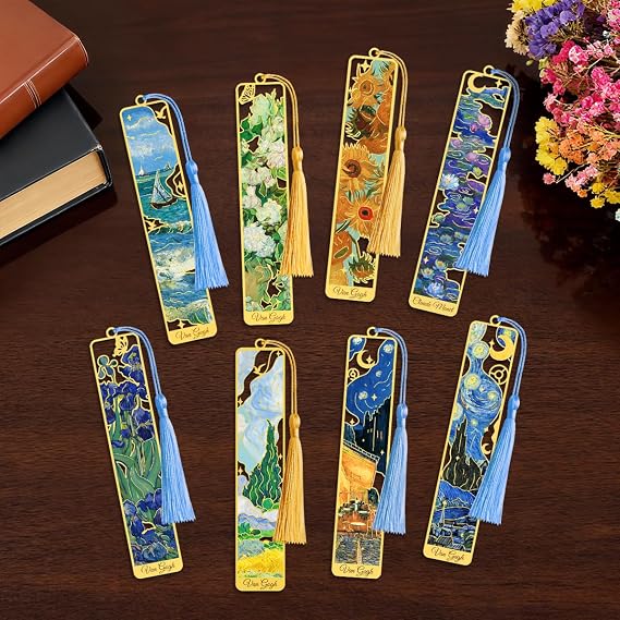 KInsound 8pcs Metal Bookmarks with Tassel, Golden Van Gogh Monet Oil Painting Theme Cute Book Markers for Reading Women, Men, Kids, Book Lovers, Reading Accessories Gifts for Book Lovers