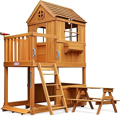 Little Tikes Real Wood Adventures 2-Story House, Outdoor Wooden Playhouse for Backyard, Up to 5 Kids, Picnic Table, Telescope, Ladder, Wooden Deck- Play Structure for Boys & Girls Ages 3