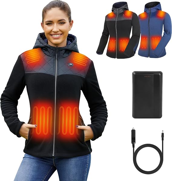 Reversible Heated Jacket for Women with Battery,Electric Outdoor Fleece Heating Hoodie Coat for Camping,Car,Up to 158F