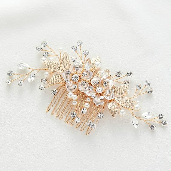 SWEETV Flower Bride Wedding Hair Comb Pearl Bridal Crystal Leaf Gold Headpiece Rhinestones Handmade Jewelry for Women and Girls | Flower Crystal Leaf Rhinestones Handmade Jewelry, Bridal Hair Accessories Wedding Hair Accessories Bridal Hair Comb