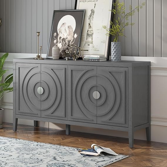 VilroCaz Retro Style 60" L Sideboard Accent Storage Cabinet, Wood Console Table Sofa Table with 4 Doors, Entryway Serving Cabinet for Entrance Dinning Room Living Room (B6-Gray)