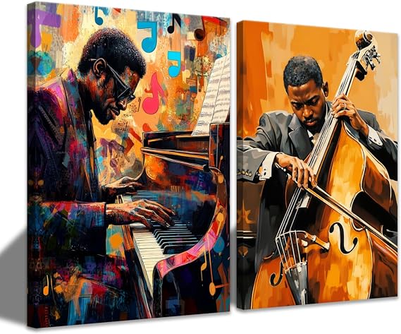 CCWACPP 2 Pieces Music Wall Art Prints Black Jazz Canvas Pictures African American Music Painting Musical Theme Room Bar Pub Home Decor Framed (16"x24"x2)