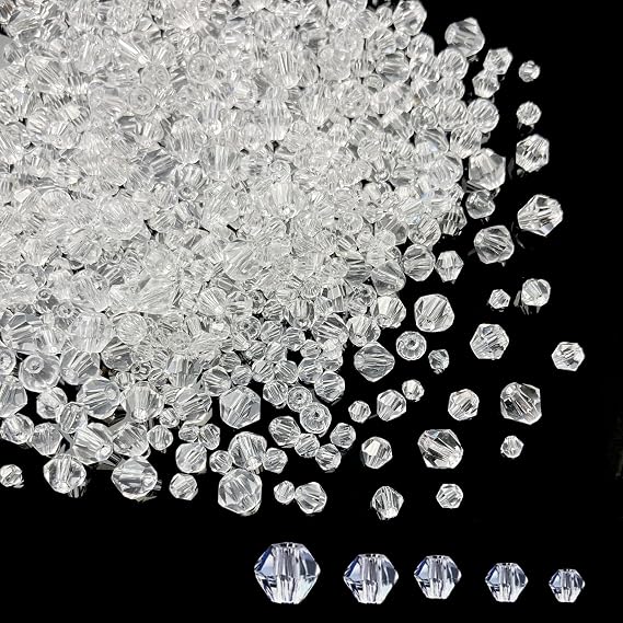 1700pcs Clear Bicone Crystal Beads 2mm 3mm 4mm 5mm 6mm Crystal Glass Bulk Faceted Beads for Necklace Bracelet Earrings DIY Jewelry Crafts Making Supplies