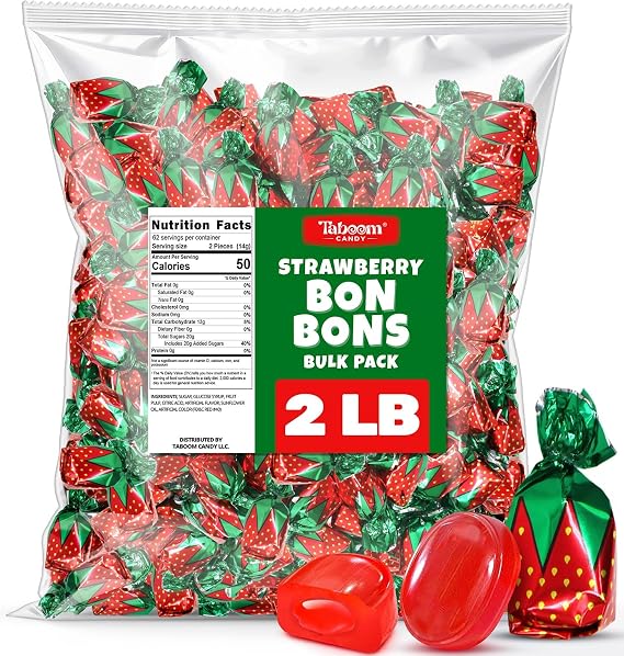 Strawberry Filled Hard Candy Bon Bons, 2 lb Bulk Individually Wrapped Candy