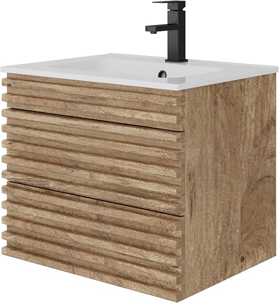 UEV 600mm Wall-mounted Bathroom Vanity Unit with Ceramic Sink,2 Drawers Space-Saving Floating Sink Cabinet for Small Bathrooms,Faucet and Drain Kit Included,Natural Wood