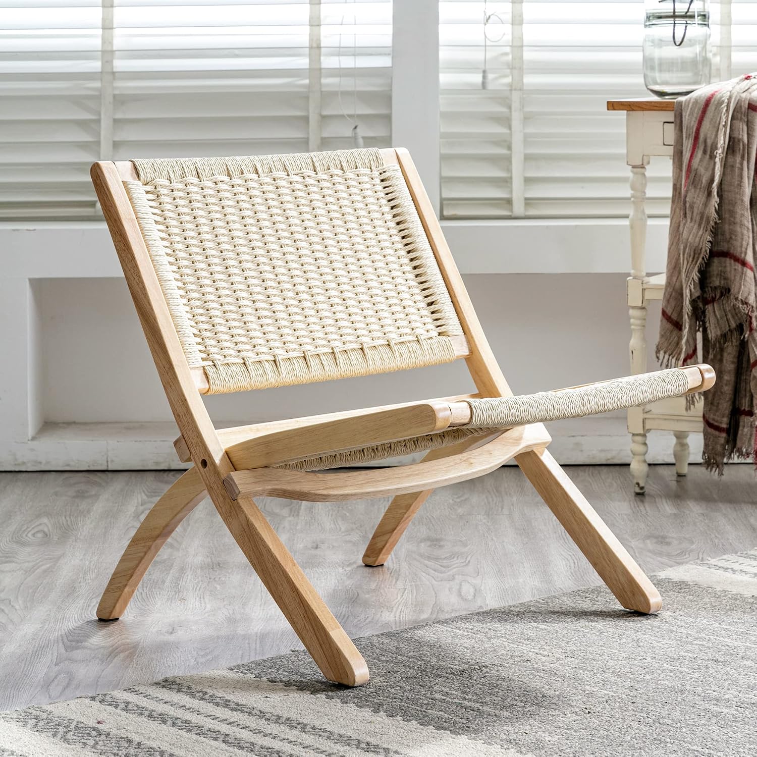 LUE BONA Foldable Woven Leather Accent Chair with Ottoman, Leather and Natural Wood, Midcentury Modern Lounge Chair, Scandinavian Rattan Low Chair for Living Room, Bedroom, Patio, Balcony