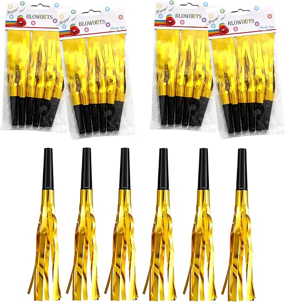 24 Pieces silvery Glitter Metallic Fringed Noise Maker Musical Blowouts, Squawker Whistles Party Noisemakers for Birthday, New Year, Party Favor Decoration Supplies (Golden)
