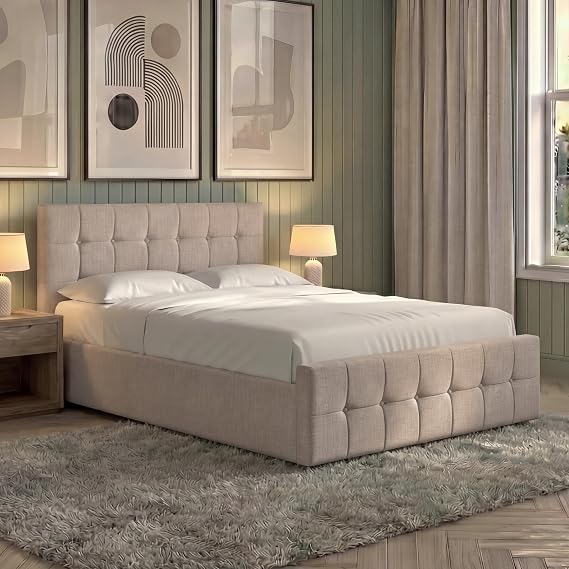 Vida Designs Valentina King Ottoman Bed Frame | Beige Linen | 105 H x 158 W x 212 D cm | Upholstered Fabric Headboard | Gas Lift | Large Storage | Slatted Base | Premium Bedroom Furniture