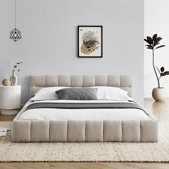 RuiSiSi Queen Upholstered Platform Bed Frame with Headboard, Modern Floor Bed Frame with Wood Slats Support, No Box Spring Needed, Beige