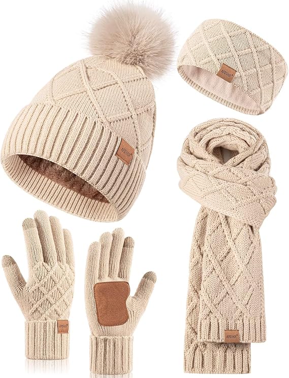 Womens Winter Hat Gloves Scarf Headband Set, Pom Pom Beanie Long Scarf Touchscreen Gloves Ear Warmer, 4 in 1 Warm Gift Set
