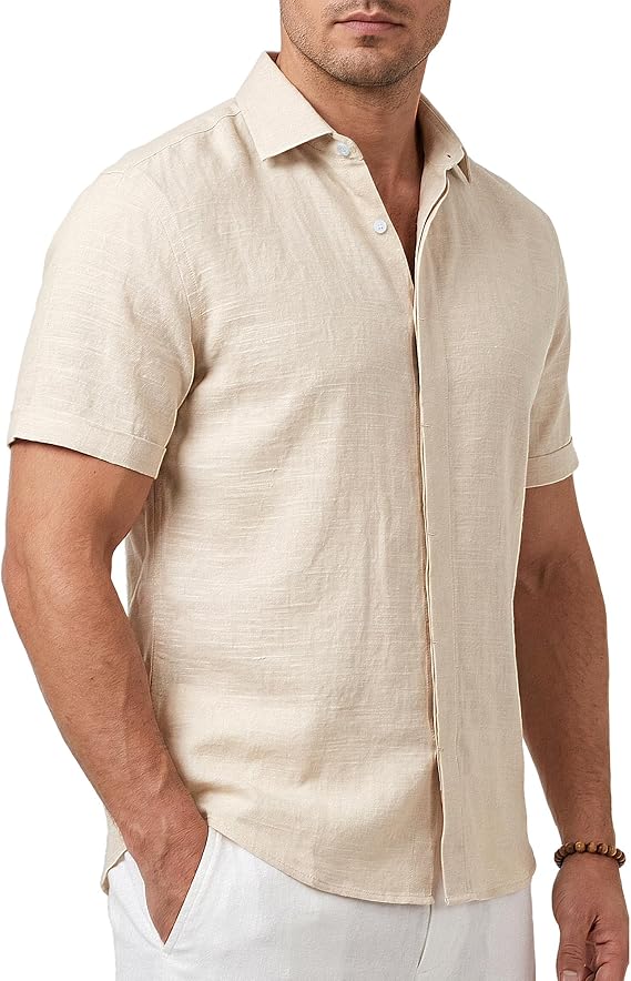 Cotton King Linen Men's Short Sleeve Casual Cotton Blend Button Down Shirt