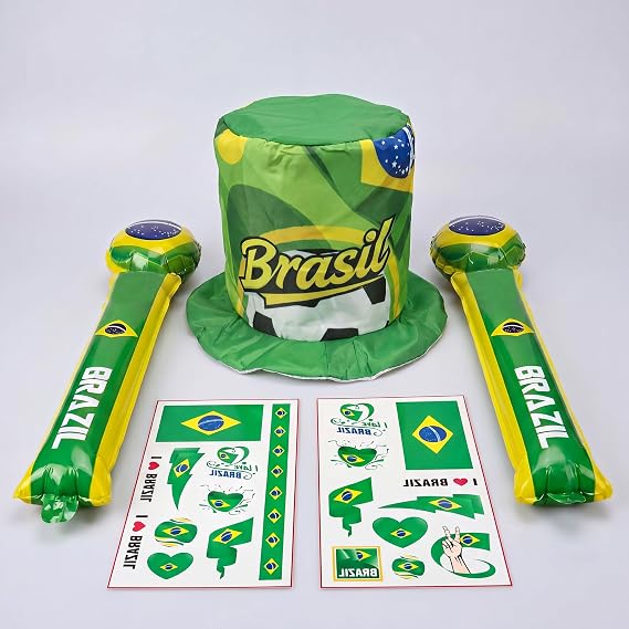 World Cup Soccer Fan Set 3PCS, Temporary Tattoo Stickers, Cheering hat,2 Cheering Stick, Brazil Football Kit for Match Viewing (Brazil)