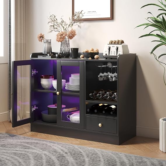 HedoAjim Wine Bar Cabinet with Tempered Acrylic Door & Rack, Freestanding Buffet Sideboard with Glass Holder, Coffee Bar Cabinet for Home Kitchen Living Dining Room, Drawers, Large, LED Lights(Black)