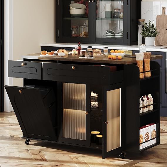 COCO DESIGN Black Rolling Kitchen Island, LED Light with Trash Cabinet |  With Trash Cabinet, Spice Rack And Towel Rack; Drop Leaf Design, Ample Storage For Kitchen Organization