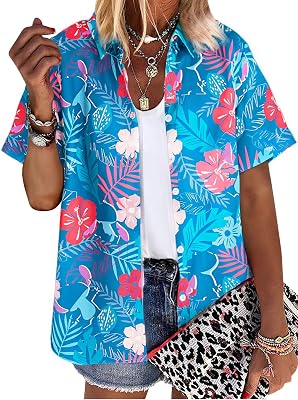 Hawaii Shirt Women Hawaiian Tshirt Floral Leaves T-Shirt Tropic Beach Tee Button Up Shirts Summer Vacation Tops