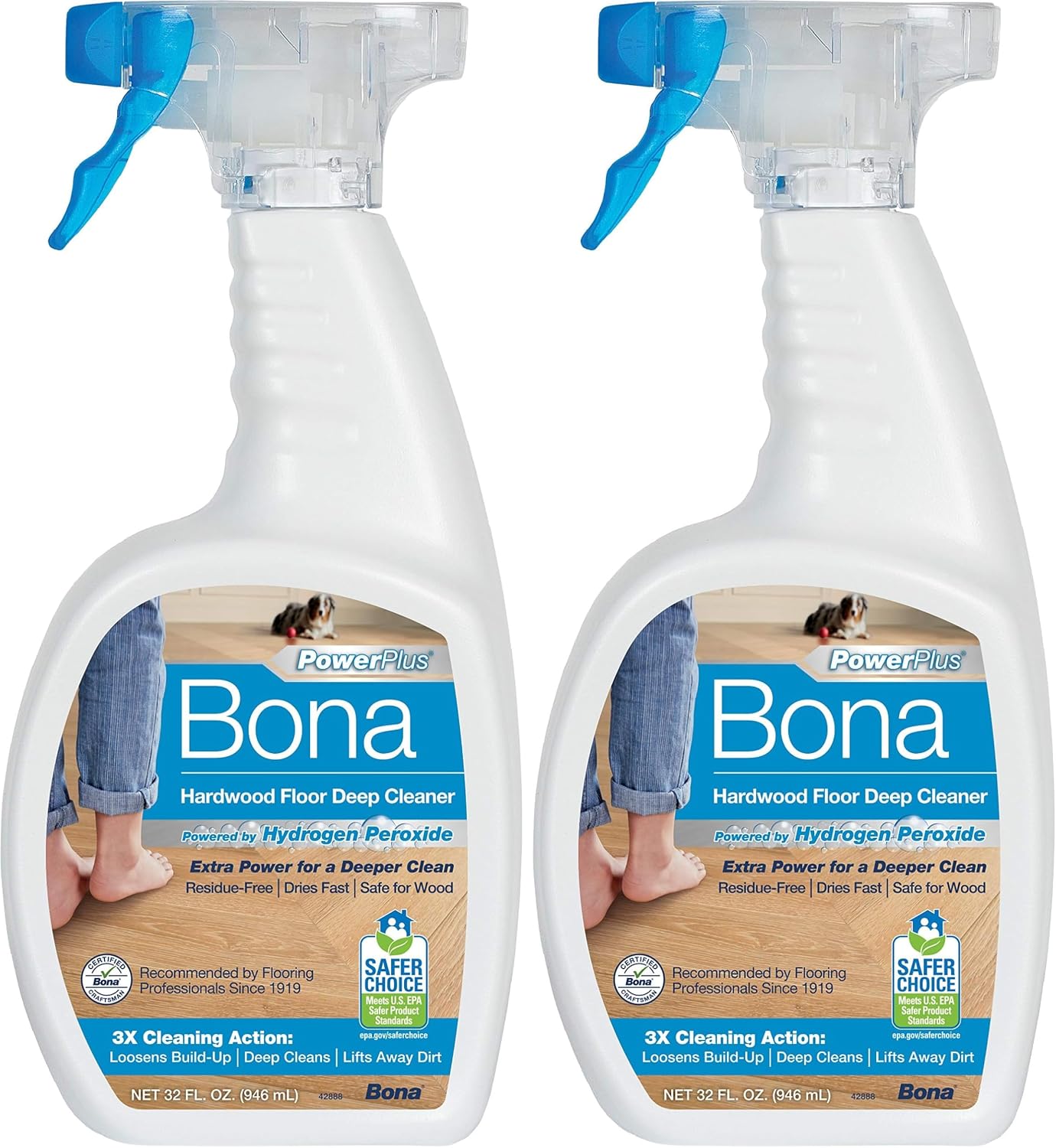 Bona PowerPlus Hardwood Floor Deep Cleaner Spray - 32 fl oz - Refillable - Oxygenated Formula and Residue-Free Floor Cleaning Solution - for Wood Floors Pack of 2