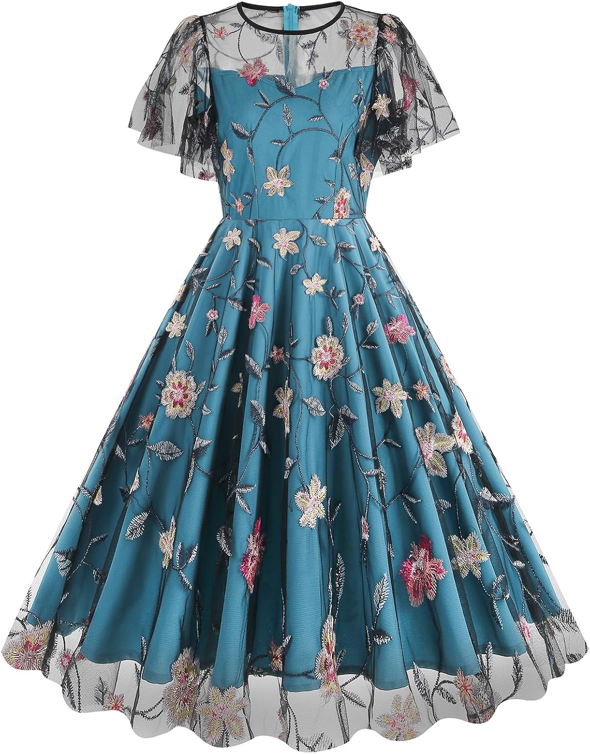 Women's Retro Dress 1950s Floral Embroidery Tulle Dress Cocktail Dress for Women Wedding Party Prom Evening Dress