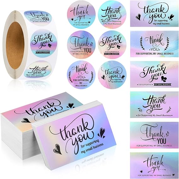 Tenare 1120 Pcs Thank You Card & Sticker Small Business, Holographic Style | 120 Business Card 1000 Roll Labels, Thank You for Supporting My Small Business Sticker, Package Insert, Customer Appreciation