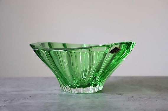 Czech Bohemian Crystal Glass Bowl-Vase 8''-Dia Green Vintage European Design ''Plantica'' Elegant Centerpiece Fruits Desserts Holiday Gift Home Decor Birthday Wedding Housewarming Anniversary