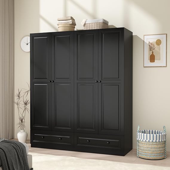 Black Armoire Wardrobe Closet with 2 Drawers: 75" H x 63" W