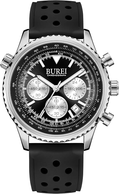 BUREI Men's Black Watch Fashion Silicone Watches Waterproof Chronograph Wristwatches Casual Men's Watch Gear Dial Watches with Date ,Gift for Men