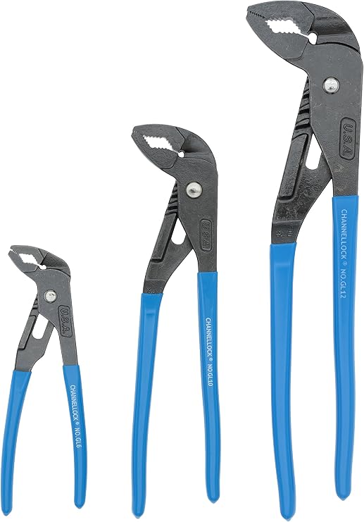CHANNELLOCK GRIPLOCK Tongue & Groove Pliers Set, Includes 6.5, 9.5 and 12.5 inch Pliers, Offset Jaw Design, Made in USA, 3-tool set (GLS-3)