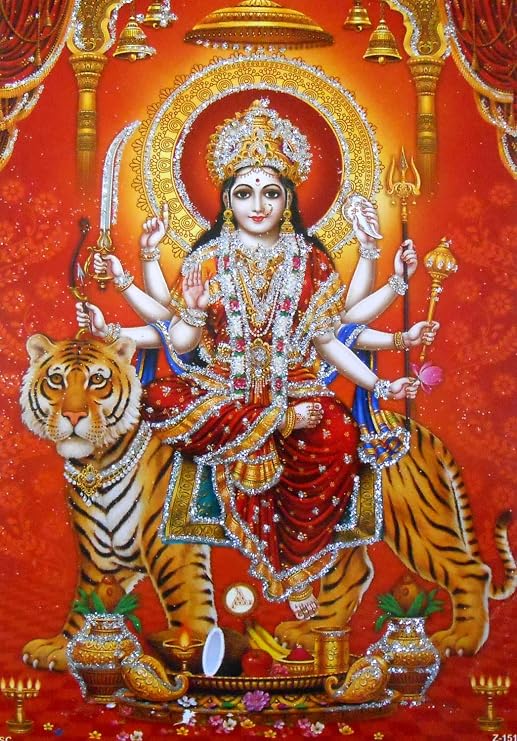 Craftsofindia Goddess Durga Poster/Hindu Goddess Sheran Wali Mata Picture with Glitter (Unframed : Size 5"X7" inches)