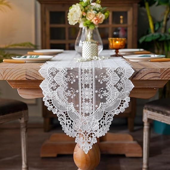 SUTAVIA Table Runners 13"x48" White Lace Embroidery Floral Rustic Dresser