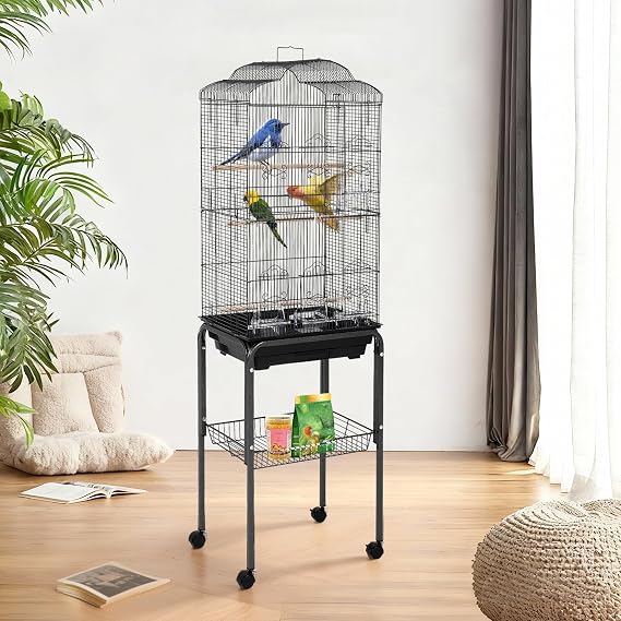 60'' Play Open Top Medium Small Bird Cage with Detachable Rolling Stand, Removable Tray, Perches, 4 Doors, Food Bowls for Parrot Lovebirds Finches Canaries Parakeets Cockatiels Budgie Parrotlet