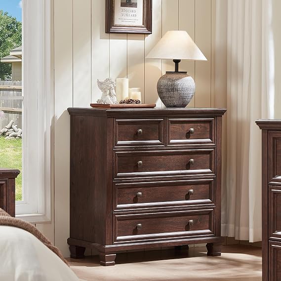 SAVOR LIFE Farmhouse 5 Drawer Dresser for Bedroom, 32.6 Inch Tall Vintage Wood Chest of Drawers, Rustic Small Dressers w/Square Wooden Legs, Mid-Century Storage Organizer for Living Room, Walnut
