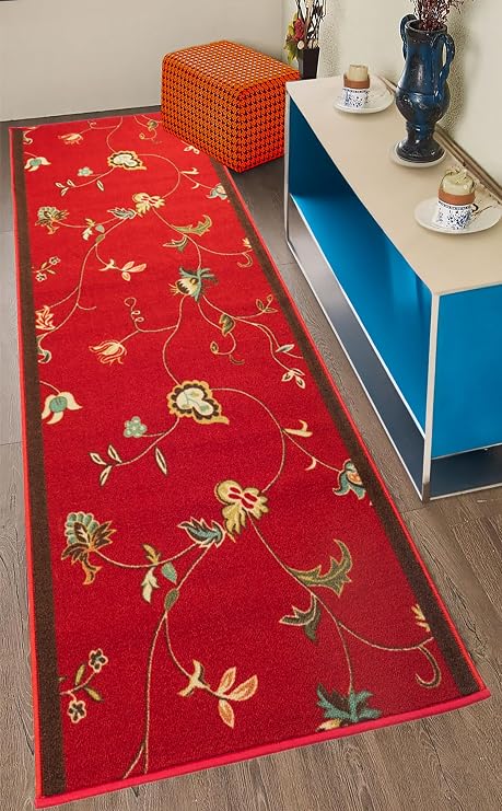 Custom Size Non Slip Washable Floral Design Runner Rug (Floral Red, 36" x 05')