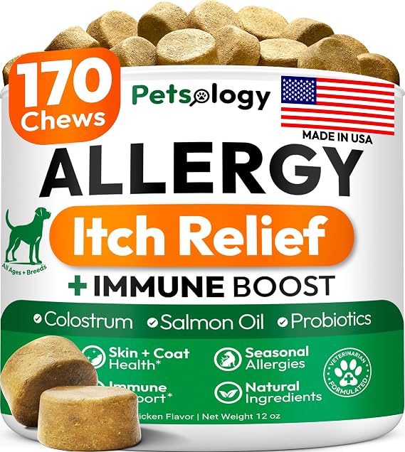 Dog Allergy Relief Chews, 170 Dog Allergy Chews, Itch Relief for Dogs | Omega 3 Fish Oil, Probiotics for Itchy Skin & Hot Spots Allergies, Paw Licking - Dry Skin & Coat Supplement - Immune Health