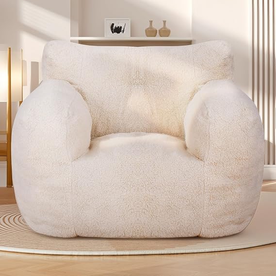 Bean Bag Chair for Adult, Stuffed BeanBag Sofa with Filler, Giant Lazy Sofa with Armrest & Pocket, Chair with Memory Foam for Living Room, Bedroom (White)