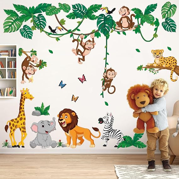 DECOWALL DSL-8069 Jungle Animal Cartoon Wall Decals Elephant Monkey Giraffe Lion Forest Stickers for Kids Baby Nursery Bedroom Playroom Living Room Decor DIY Art