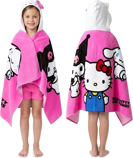 Hello Kitty Beach Towel with Hood for Girls Cinnamoroll Kuromi Kids Poncho Bath Towels Kawaii Beach Accessories Travel Essentials Girls Gifts (Pink Towel Hello Kitty, 6-14 Years)