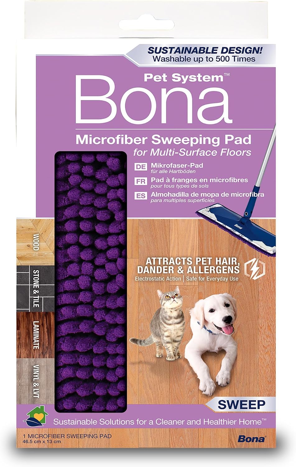 Bona Pet System Microfibre Sweeping Pad, for Wood and Hard-Surface Floors, fits Bona Family of Mops, 1 Count (Pack of 1), Purple