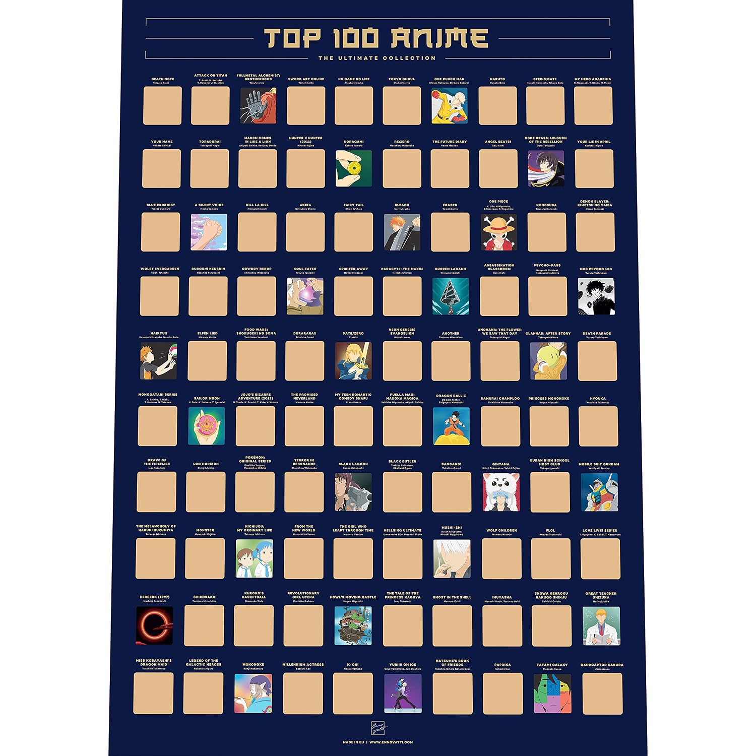 Enno Vatti 100 Anime Scratch Off Poster - Top Animes Of All Time 16.5 x 23.4- Ultimate Bucket ListCool Anime Stuff- Best Gifts for Anime Lovers, Christmas, Easter, Valentine's Day