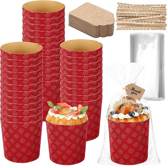 Skylety 50 Sets 12oz Valentine's Day Corrugated Panettone Paper Mold Sets Disposable Paper Bread Molds Baking Cake Pan with Clear Plastic Bags and Ties for Bread Cake Bakery