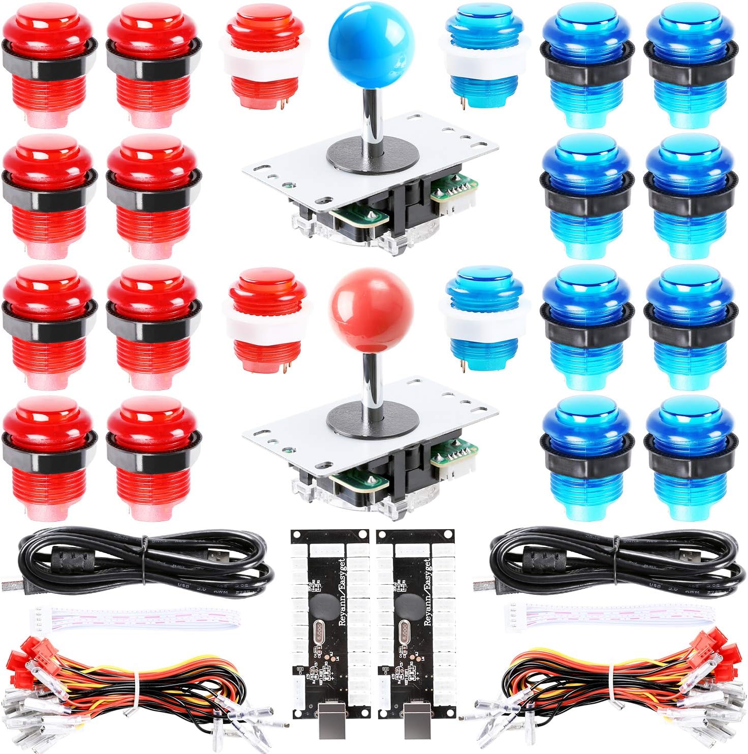 Easyget LED Arcade DIY Parts 2x Zero Delay USB Encoder + 2x 8 Way Joystick + 20x LED Illuminated Push Buttons for Mame Jamma Arcade Project Red + Blue Kits