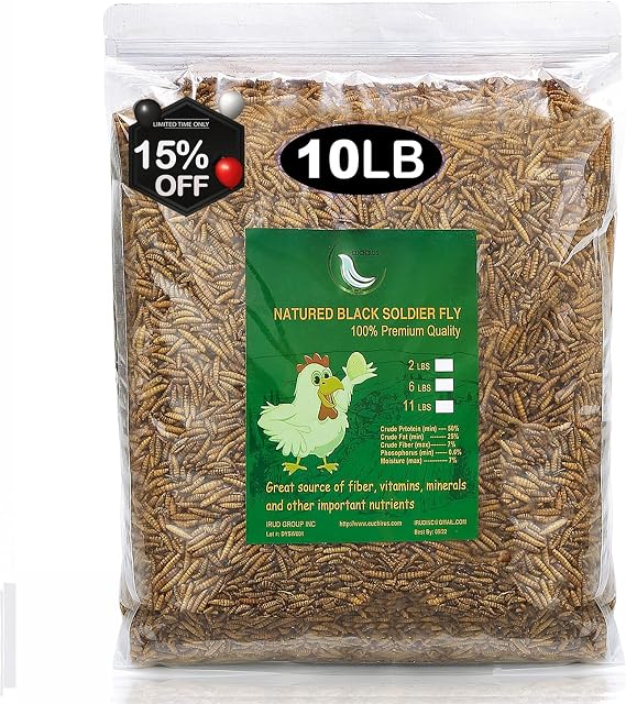 Non-GMO 10 lbs Black Soldier Fly for Wild Bird Chicken Fish,High-Protein,Lrage Black Soldier Fly