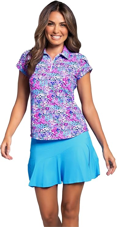 IBKUL Athleisure Wear Sun Protective UPF 50+ Icefil Cooling Allana Print Tulip Sleeve Polo - 45112