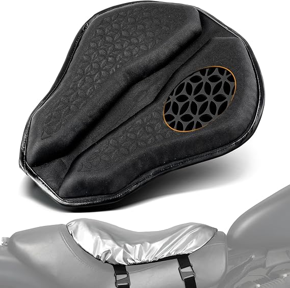 PBYMT Universal Motorcycle Gel Seat Pad, Motorcycle Seat Cushion with Sunshade Cover, Large 3D-Honeycomb Structure TPE Shock Absorption and Breathable for Long Rides