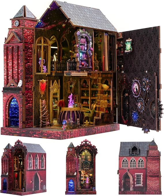 Book Nook Kit, DIY Miniature House Dollhouse Crafts Kit for Adults and Teens, Magic Castle 3D Wooden Puzzle Booknook Build Bookshelf Decor, Gifts for Family and Friends(Arcane Sprire)