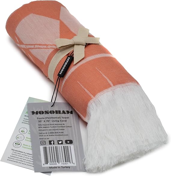 Mosobam Turkish Fouta Peshtemal Towel, 35 x 70 in, 200 GSM, Living Coral