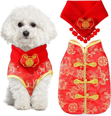 Sanwuta Dog Chinese New Year Costume Pets Knot Buttons Tang Suit Neck Strap Scarf Dog Chinese Style Winter Coat Pet Clothes Vest Cheongsam for Cats Puppies Bichon SmallSize L
