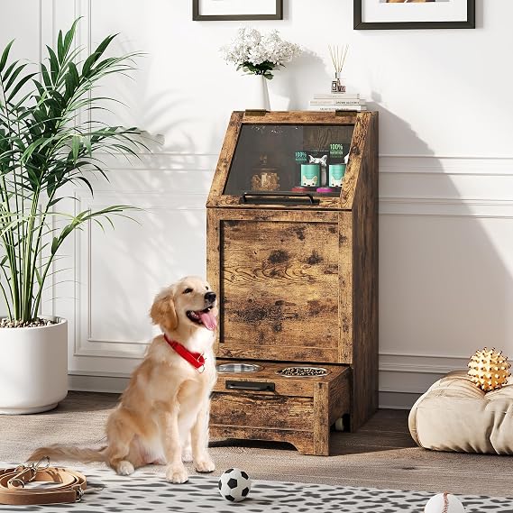 Pet Feeder Station, 90cm Pet Food Cabinet with Flip Top, Dog Food Storage Container with 2 Raised Dog Bowls for Food and Water, Large Pet Toy Storage Organizer for Large, Medium, Small - Retro